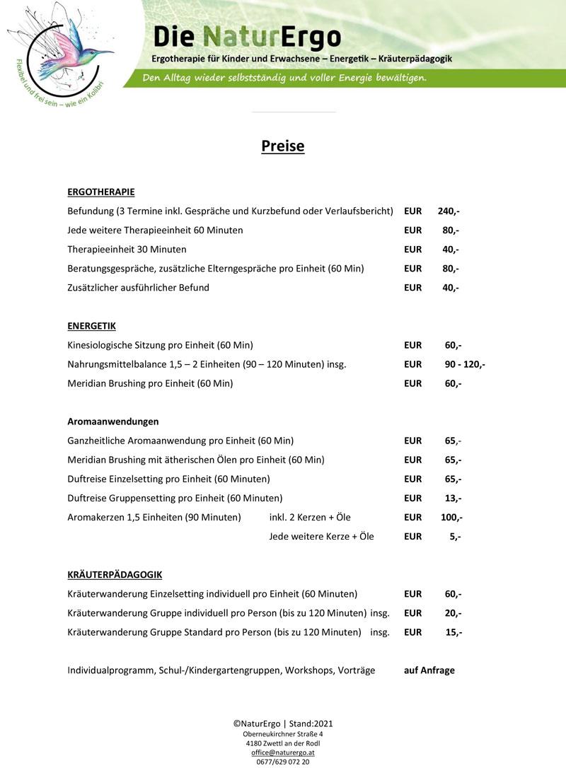 Preisliste der NaturErgo therapie in Zwettl an der Rodl